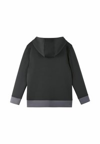 Felpa nera con orlo e polsini grigi, realizzata in materiale morbido. Caratterizzata da cappuccio e maniche lunghe, con un design semplice.