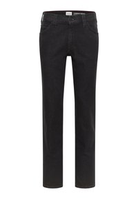 Black denim jeans with straight cut, five-pocket design, belt loops, and a branded waistband. Material has a smooth texture.