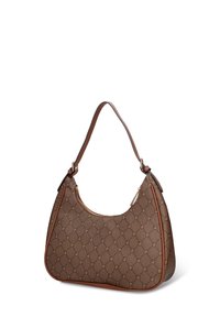 Bruine handtas met patroon, een gebogen silhouet, leren afwerking en een enkele schouderriem. Bovenaan een ritssluiting.