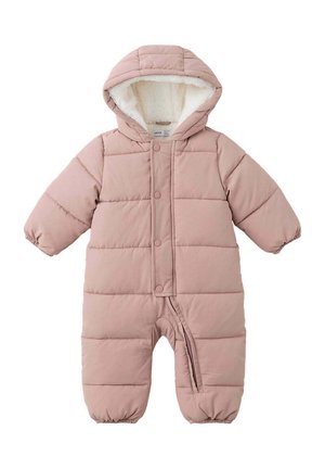 Mono de nieve acolchado rosa para bebé con capucha forrada en forro polar blanco, botones a presión en la parte delantera, cremallera en la pierna y puños elásticos en las mangas y piernas.