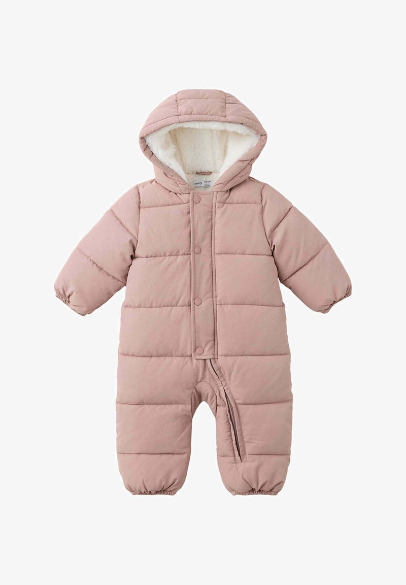 Combinaison de neige rembourrée rose pour bébé avec capuche doublée en polaire blanche, boutons pression devant, fermeture éclair à la jambe et poignets élastiques aux manches et aux jambes.