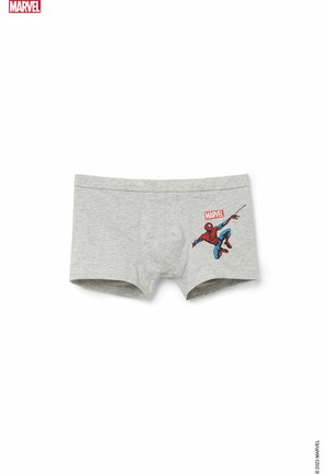 Boxers en coton gris ornés d'un graphique coloré de Spider-Man et d'un logo "MARVEL" rouge sur le côté gauche.