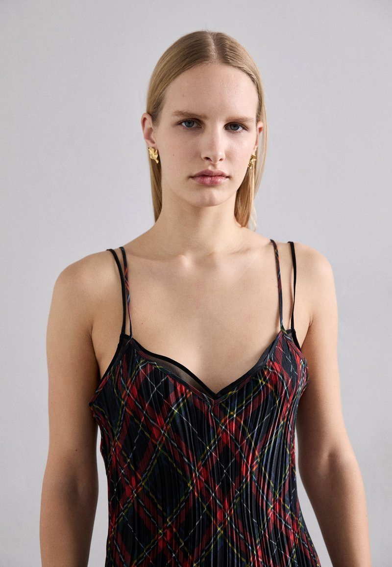open lace back dress V neckline Red Yellow Green and Black Plaid Slip Dress | Sanna main image 0