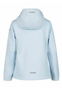 Lyseblå softshell jakke med hætte, elastiske manchetter og "ICEPEAK" logo på den øverste ryg, nederste ryg og venstre ærme.