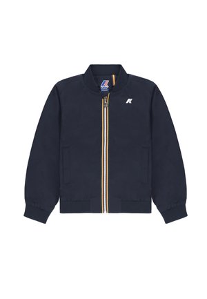 Giacca per bambini blu navy con chiusura a zip, caratterizzata da una striscia multicolore lungo la zip, polsini a costine e due tasche anteriori.