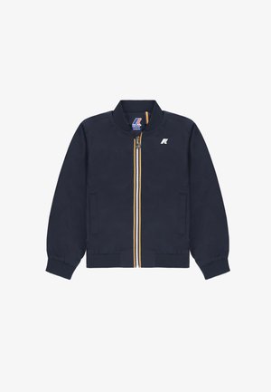 Giacca per bambini blu navy con chiusura a zip, caratterizzata da una striscia multicolore lungo la zip, polsini a costine e due tasche anteriori.
