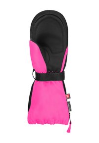 Schwarz-pinker Fäustling, der für Wärme sorgt, mit einer schwarzen Lederhandfläche, rosa wasserdichtem Stoff, elastischer Manschette und verstellbarem Riemen.