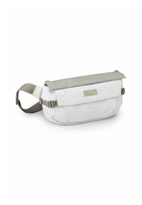 Borsa a cintura in tessuto grigio e bianco con apertura arrotolabile, cintura regolabile e logo Osprey. Materiale texturizzato e chiusura a fibbia laterale.