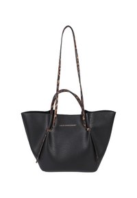 Schwarze, strukturierte Leder-Shopper-Tasche mit zwei kontrastierenden Tiermustergriffen und einem dezenten Logo auf der Vorderseite. Geräumiges Design mit offenem Oberteil.