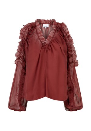Rode blouse met vloeistofachtige uitstraling, voorzien van gerimpelde, transparante lange mouwen en een V-hals. Gemaakt van lichtgewicht materiaal, met een ontspannen pasvorm en een zachte val.