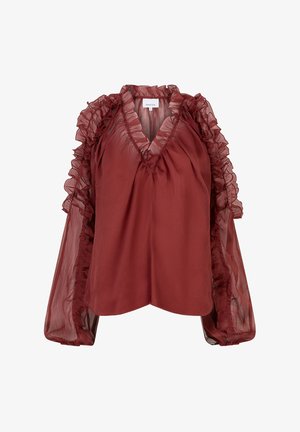 Rode blouse met vloeistofachtige uitstraling, voorzien van gerimpelde, transparante lange mouwen en een V-hals. Gemaakt van lichtgewicht materiaal, met een ontspannen pasvorm en een zachte val.