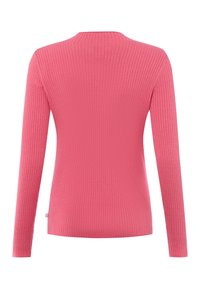 Pull rose côtelé à manches longues vu de dos, avec un col rond et une silhouette ajustée.
