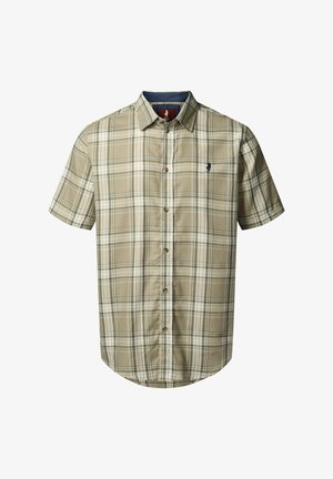 Camicia a maniche corte abbottonata in beige con motivo a quadri, caratterizzata da linee verdi chiare e scure, colletto a punta e una tasca sul petto.