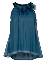Haut sans manches bleu sarcelle foncé en tissu transparent, avec un col froncé orné d'un accent de tulle à l'épaule. Ourlet incurvé.