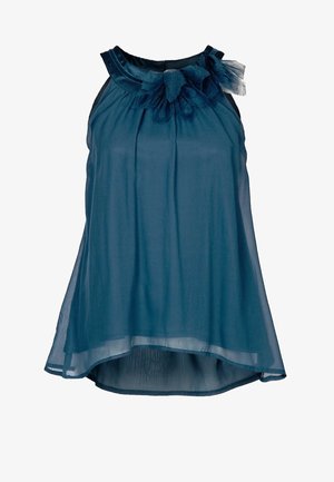 Top sin mangas color verde azulado oscuro hecho de tela translúcida, con un escote fruncido y un detalle de tul en el hombro. Dobladillo curvado.