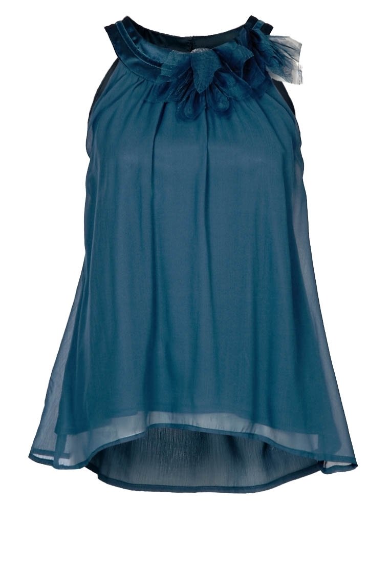 Haut sans manches bleu sarcelle foncé en tissu transparent, avec un col froncé orné d'un accent de tulle à l'épaule. Ourlet incurvé.