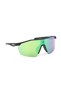 Gafas de sol deportivas envolventes con montura negra y lentes reflectantes que cambian del verde al púrpura, con el logo de Adidas en la lente y la patilla.