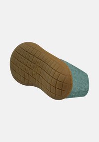 Skor med en grå filtöverdel och en texturerad gummisula som visar en unik, rundad form och framträdande slitbanemönster.