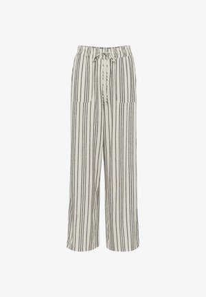 Svītrainas plata stila bikses baltā un pelēkā krāsā, ar aukliņu jostu un divām priekšējām kabatām. Izgatavotas no viegla auduma ar faktūru virsmā.