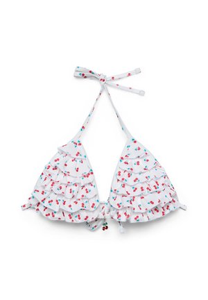 Biały bikini top z falbankami, nadrukiem czerwonych i niebieskich wiśni, wiązanymi na szyi paskami halter oraz małym zawieszonym na przodzie klamry urokiem w kształcie wiśni.