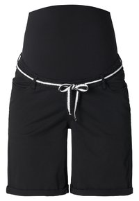 Černé těhotenské šortky s vysokým pasem, se bílou pletenou šňůrkou a ohrnutým lemem. Vyrobené z pružné tkaniny pro maximální pohodlí.