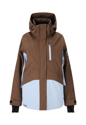 Braune und hellblaue wasserdichte Jacke mit hohem Kragen, verstellbarer Kapuze, vorderer Reißverschlusstasche und Logodetail am Saum.