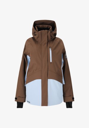Brun og lyseblå vandtæt jakke med høj krave, justerbar hætte, forlommelomme og logodetalje på kanten.