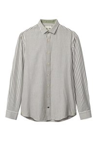 Camicia a righe in grigio chiaro e verde oliva, con bottoni sul davanti, maniche lunghe, tessuto morbido, presenta colletto e polsini a contrasto.