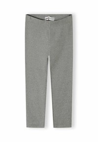 Ljust grå, ribbad stickad leggings med hög midja och raka ben, utlagda platt på en vit bakgrund.