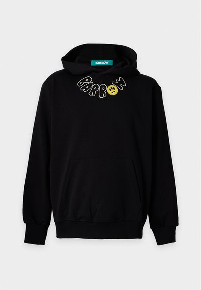 Sweat à capuche noir avec texte "BARROW" et emoji visage triste jaune imprimés près de l'encolure, avec une poche frontale et une capuche.