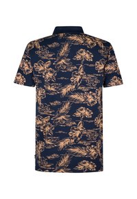 Mörkblå polo skjorta med korta ärmar, med ett beige blommönster och palmlövsdesign. Tillverkad av mjukt tyg med en klassisk krage.