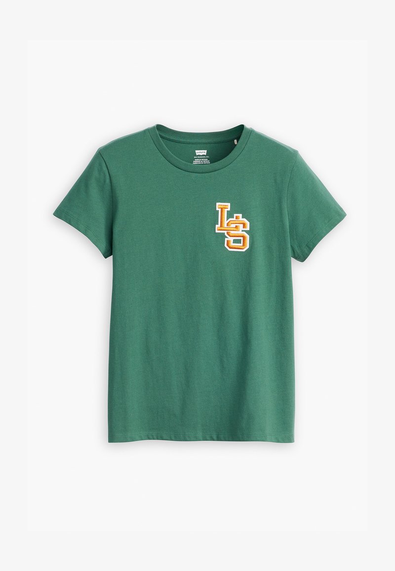 T-shirt en coton vert avec un col rond, des manches courtes et un logo "LS" brodé en jaune et blanc sur le côté gauche. Texture douce.