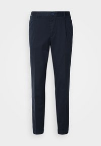 Pantalon slim bleu marine avec passants de ceinture, bouton devant et fermeture éclair, en tissu léger.