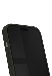Black smartphone with a sleek design, showing the screen and a camera cutout, alongside volume buttons and a power button on the side.