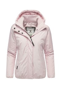 Veste isolante rose clair avec capuche, fermeture éclair à l'avant et boutons-pression. Comprend des poignets élastiques et deux poches latérales.