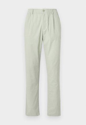 Light green, straight-leg pants made of soft fabric. Featuring a button front, elastic waistband, and side pockets. No visible patterns.