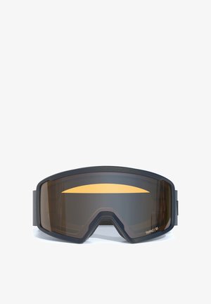 Elegante schwarze Skibrille mit bernsteinfarben getöntem, gewölbtem Glas und verstellbarem Riemen, entwickelt für den Schutz bei Outdoor-Wintersportarten.