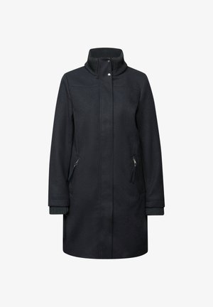 Donker wolmix jas met een hoge kraag, ritszakken en geribde tricot manchetten. Rechte snit met minimale details.