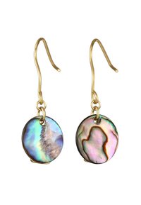 Runde øreringe har iriserende abalone-skaller i blå og pink nuancer, fastgjort med forguldede kroge med en glat finish.