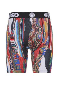 Colorful men's boxer briefs featuring a mix of patterns in red, blue, and black with a black waistband marked "PSD." Made from stretchy fabric.