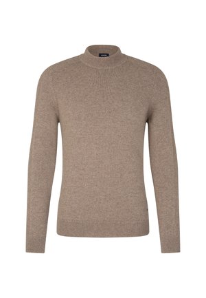 Maglione a coste beige con collo alto, maniche lunghe e sagomatura aderente. Presenta un piccolo logo sul bordo.