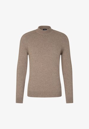 Beige Rippstrickpullover mit hohem Kragen, langen Ärmeln und einer figurbetonten Silhouette. Verfügt über ein kleines Logodetail am Saum.