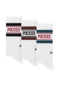 Tre paia di calzini bianchi a crew con texture a coste, ciascuno con il testo "POCKIES" e strisce colorate in nero, bordeaux e teal.