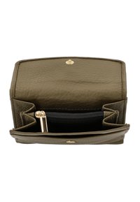 Olive green leather wallet with gold accents. Contains a zippered compartment and multiple card slots for organization. Textured surface.