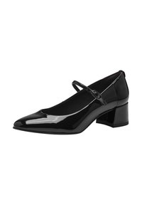Black patent leather Mary Jane shoe with a square block heel, pointed toe, and an adjustable strap across the instep.