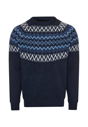 Marineblauer Strickpullover mit weißem und blauem Zickzack- und Diamantmuster über Brust und Schultern, Rundhalsausschnitt und langen Ärmeln.