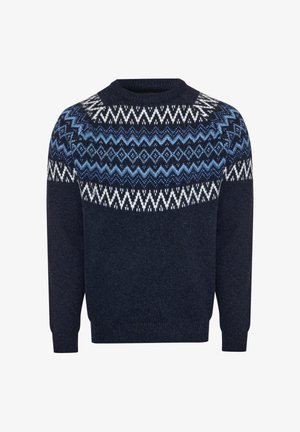 Marineblauer Strickpullover mit weißem und blauem Zickzack- und Diamantmuster über Brust und Schultern, Rundhalsausschnitt und langen Ärmeln.