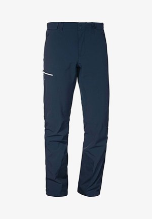 Dunkelblaue Outdoor-Hosen aus strapazierfähigem Stoff, mit einer seitlichen Reißverschlusstasche und verstärkten Knien für zusätzliche Stabilität.