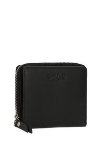 Black leather wallet with a smooth texture, zip closure, and embossed logo on the front. Features silver hardware accents. Compact rectangular shape.