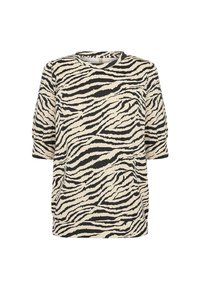 Short-sleeve top in a beige fabric featuring a black zebra stripe pattern, round neckline, and loose fit design.
